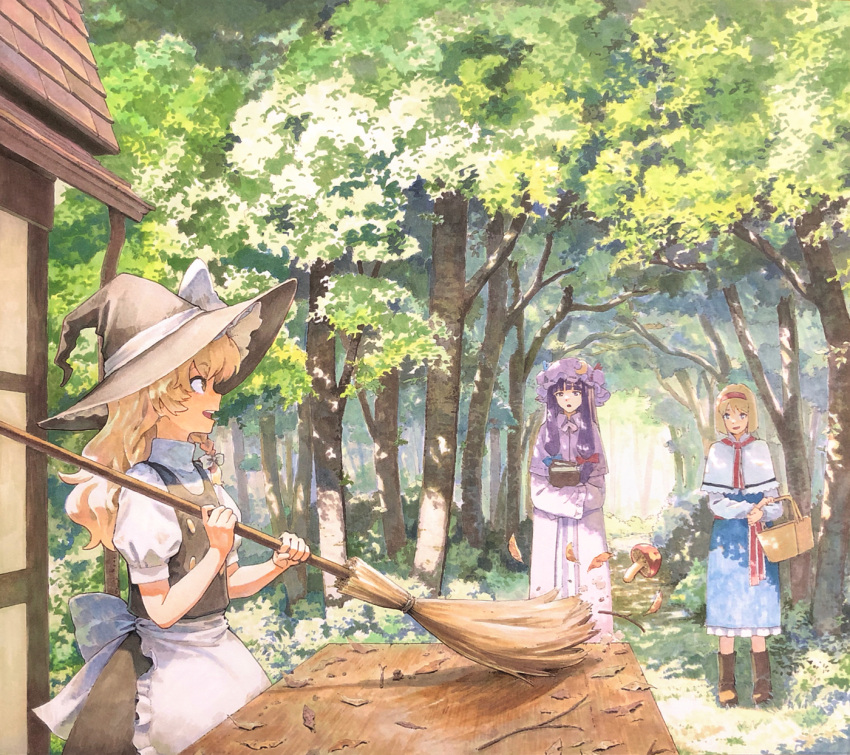 3girls, alice_margatroid, apron, bangs, basket, black_skirt, blonde_hair, blue_bow