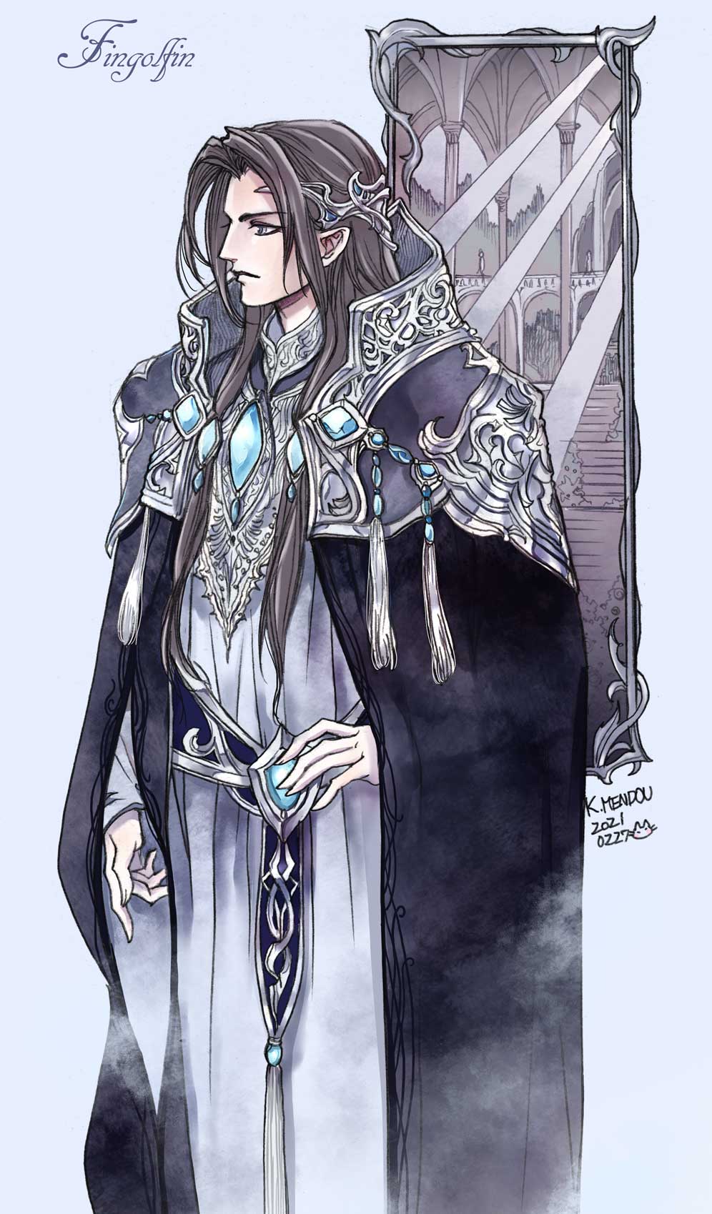 1boy, belt, black_cape, brooch, brown_eyes, brown_hair, cape, character_name