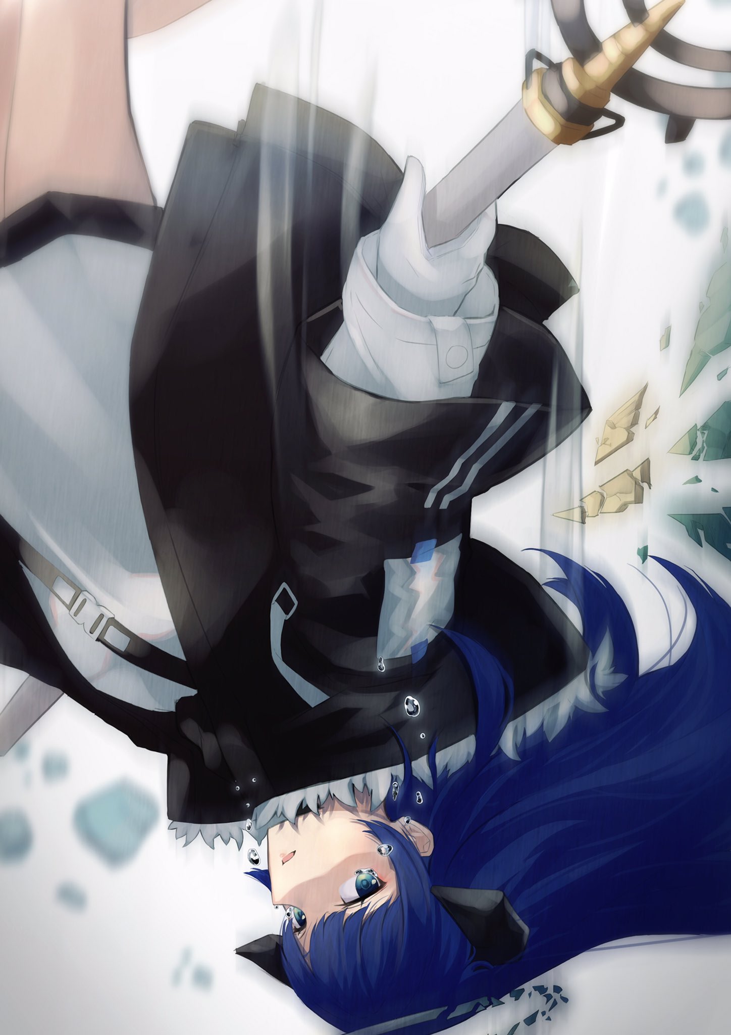1girl, arknights, black_jacket, blue_eyes, blue_hair, commentary_request, crying, demon_horns