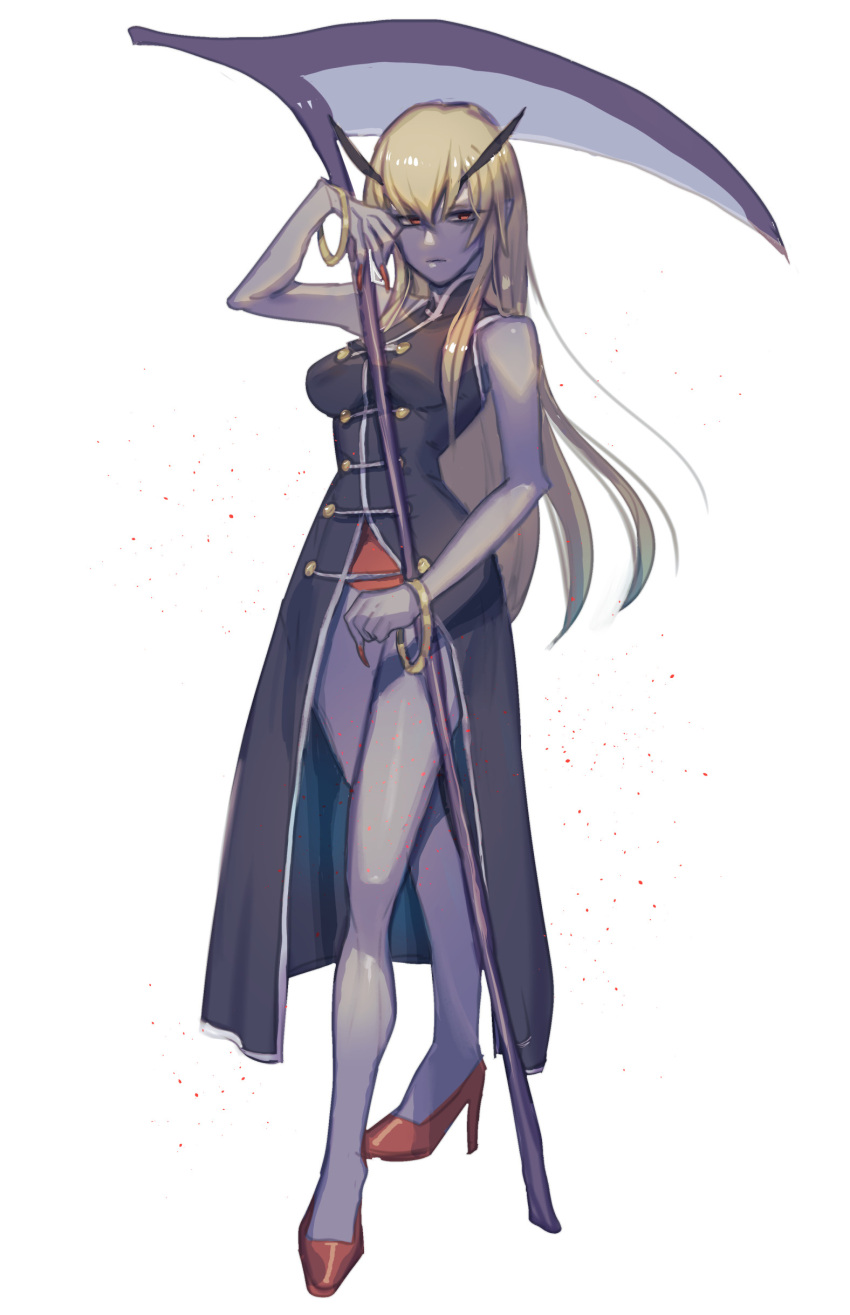 1girl, absurdres, bare_legs, bare_shoulders, blonde_hair, bracelet, closed_mouth, colored_skin