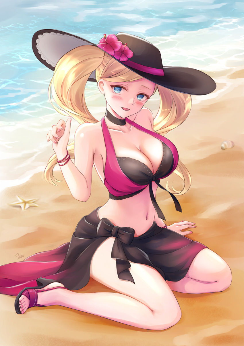 1girl, beach, bikini, black_bikini, black_choker, black_headwear, blonde_hair, blue_eyes