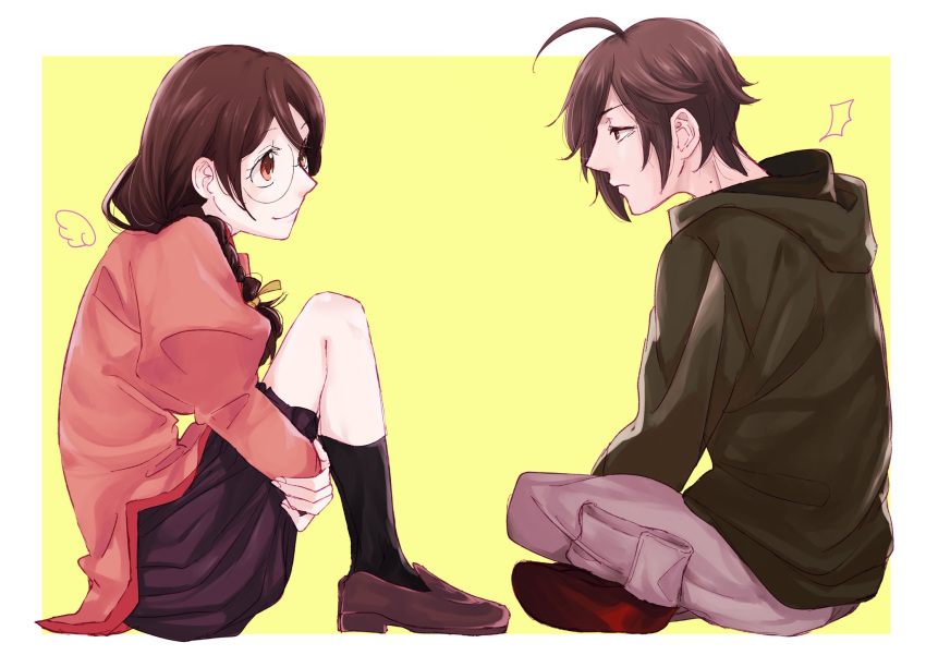 1boy, 1girl, ahegao, araragi_koyomi, black_legwear, blue_skirt, braid, brown_footwear