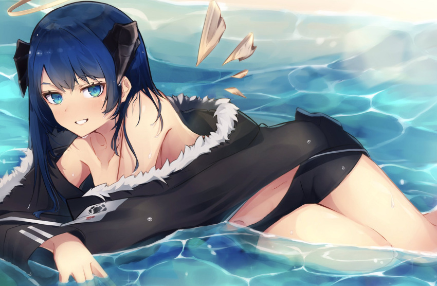 1girl, arknights, arm_support, bare_shoulders, black_jacket, black_shorts, blue_eyes, blue_hair