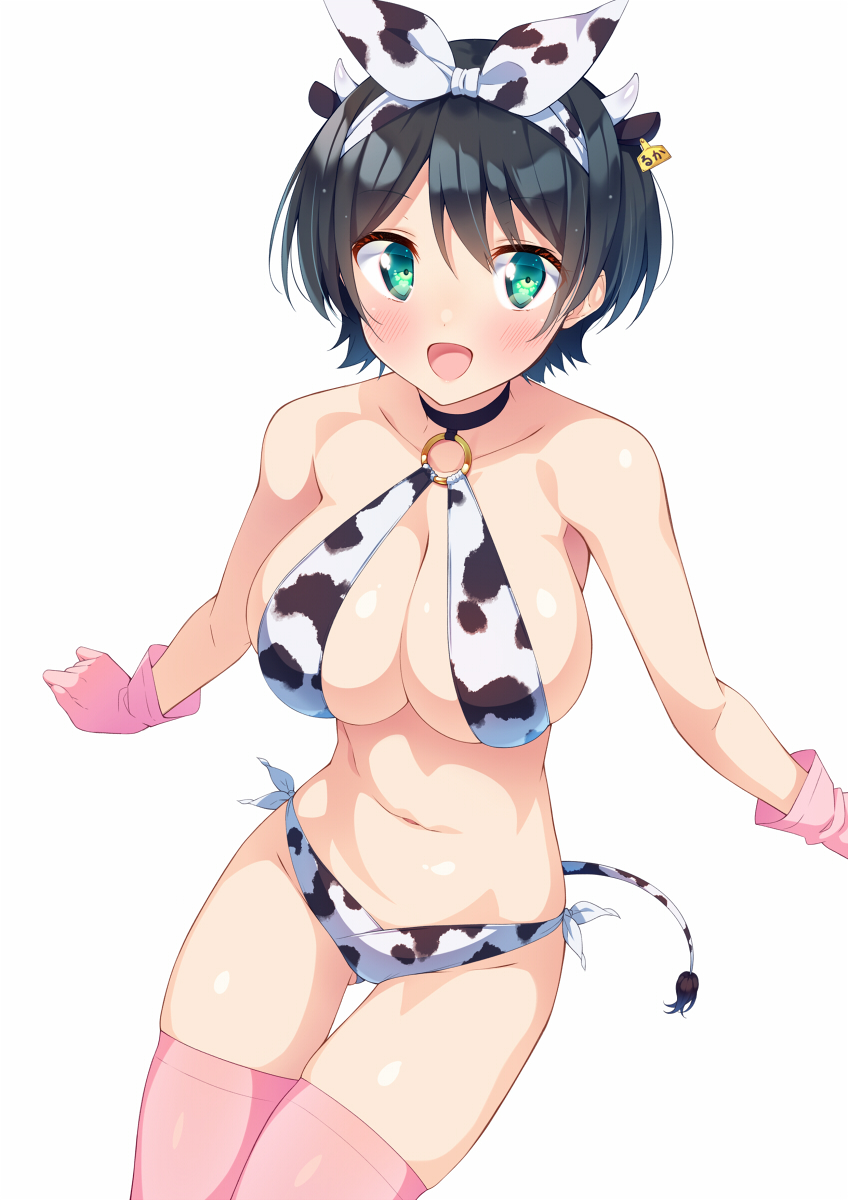 1girl, :d, animal_ears, animal_print, ass_visible_through_thighs, bangs, bare_shoulders, bikini, black_choker, black_hair, blush, breasts, choker, collarbone, commentary_request, cow_ears, cow_horns, cow_print, cow_tail, ear_tag, gloves, green_eyes, hairband, highres, horns, ichi_makoto, kanojo_okarishimasu, large_breasts, navel, o-ring, o-ring_top, open_mouth, pink_gloves, pink_legwear, print_bikini, sarashina_ruka, short_hair, side-tie_bikini, simple_background, smile, solo, stomach, swimsuit, tail, thigh-highs, thigh_gap, white_background