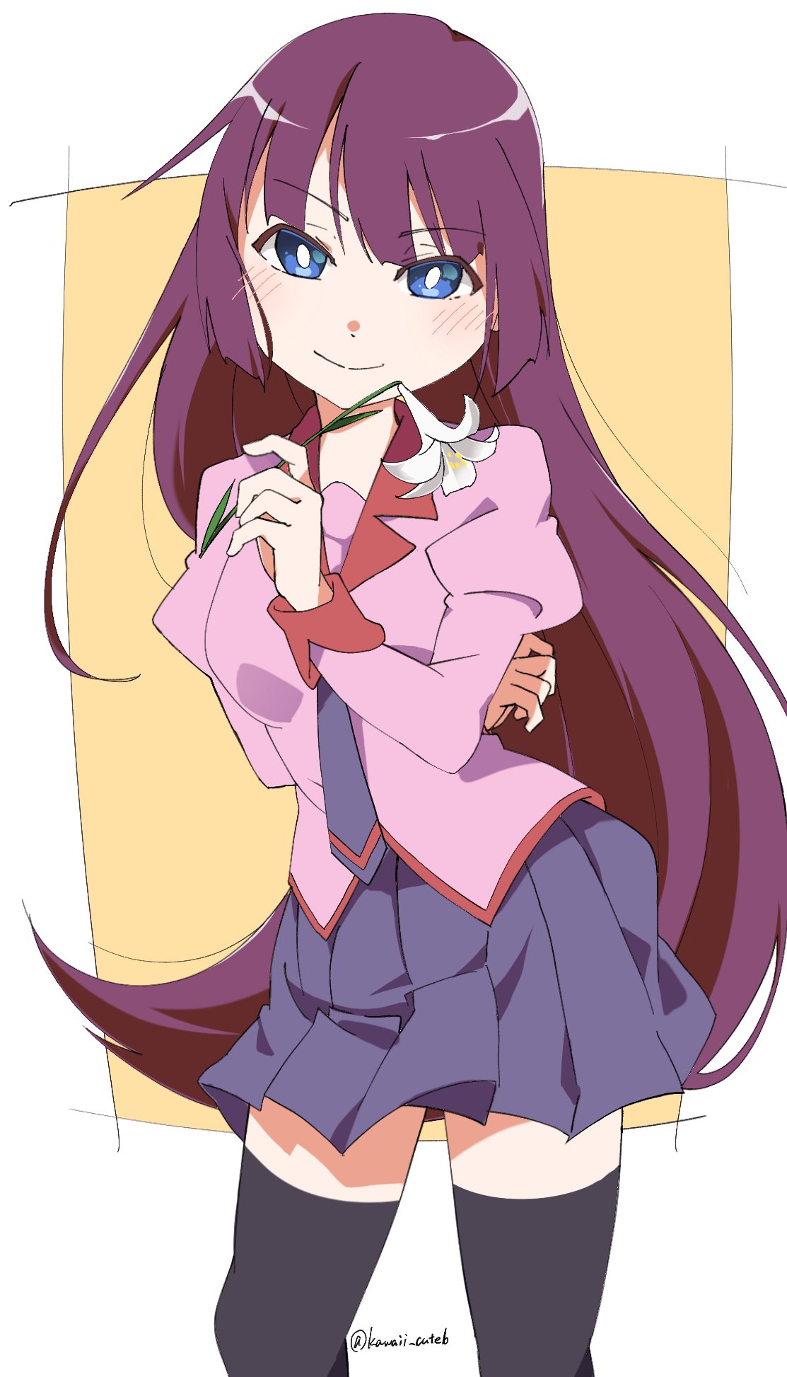 1girl, arm_up, artist_name, bakemonogatari, black_legwear, blue_eyes, blush, eyebrows_visible_through_hair, flower, frilled_skirt, frills, highres, holding, holding_flower, kuroiwa_brs, long_hair, long_sleeves, looking_at_viewer, monogatari_(series), naoetsu_high_school_uniform, pantyhose, puffy_long_sleeves, puffy_sleeves, purple_hair, school_uniform, senjougahara_hitagi, simple_background, skirt, smile, thigh-highs, very_long_hair, zettai_ryouiki