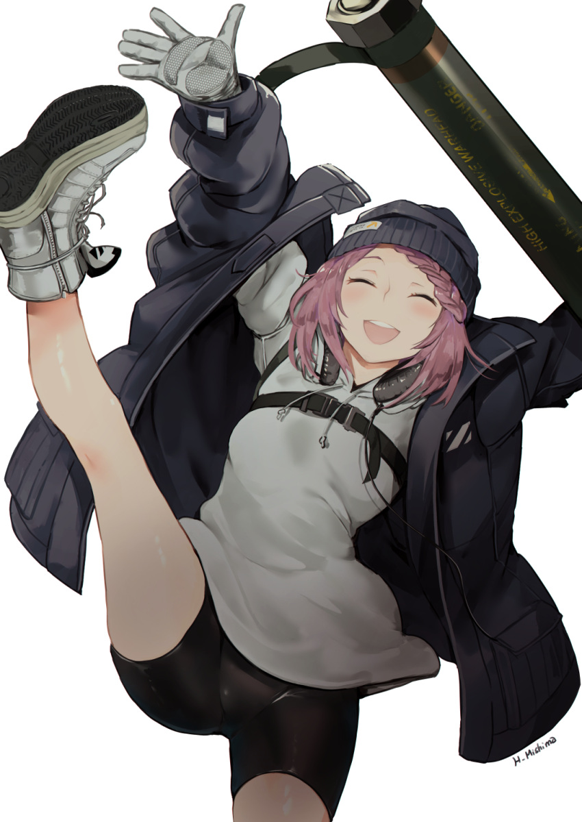 1girl, bike_shorts, black_jacket, black_legwear, boots, closed_eyes, girls_frontline, gloves, headphones, headphones_around_neck, highres, jacket, leg_up, long_sleeves, mishima_hiroji, mk153_(girls_frontline), open_mouth, pink_hair, simple_background, solo, white_background