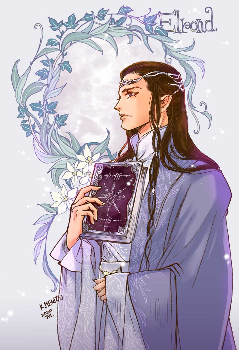 1boy, book, brown_hair, circlet, closed_mouth, dated, elrond, from_side