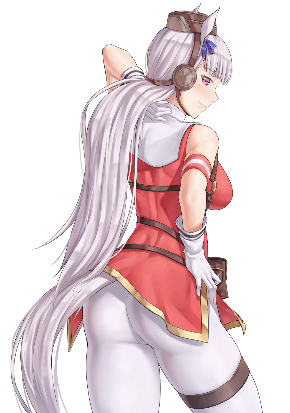 1girl, animal_ears, arm_behind_head, arm_garter, ass, bangs, bare_shoulders, blue_ribbon