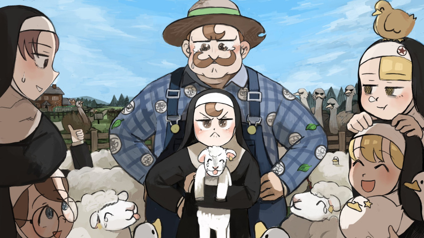 1boy, 6+girls, :<, :d, :t, ^_^, animal, animal_on_hand