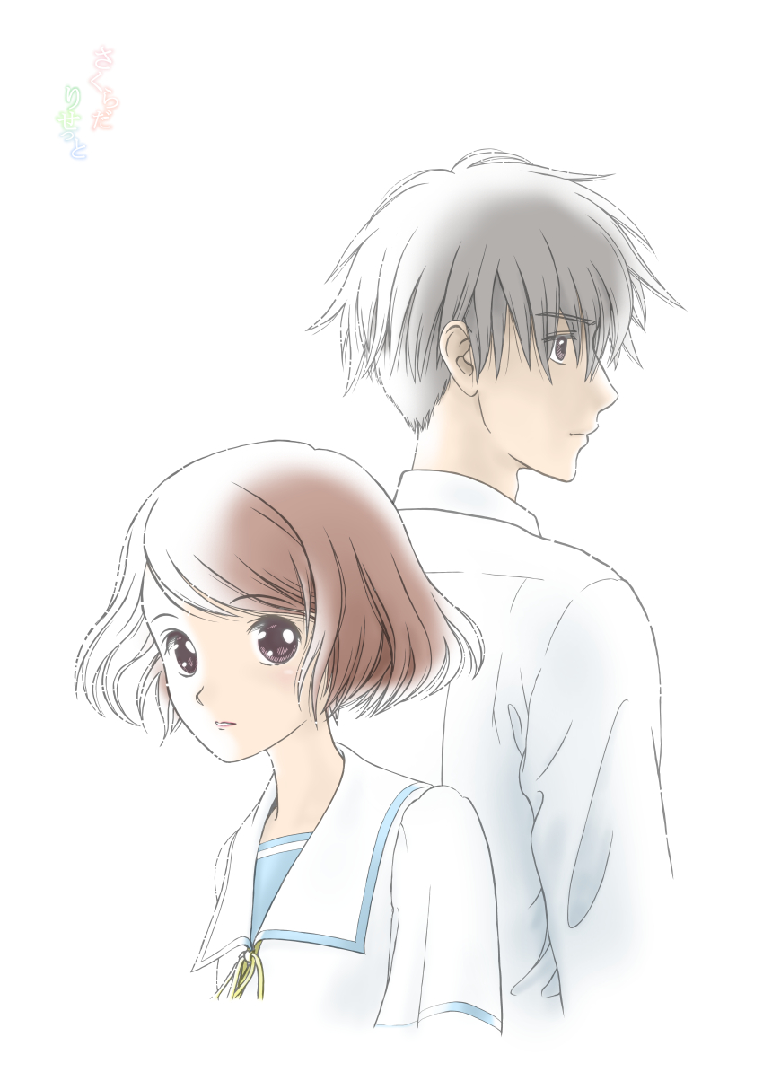 1boy, 1girl, asai_kei, back-to-back, brown_eyes, brown_hair, grey_hair, haruki_misora