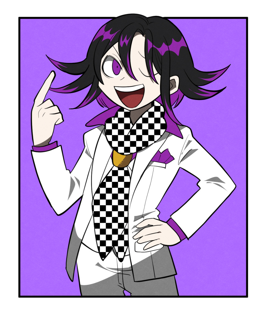 1boy, :d, back_hair, bangs, black_hair, border, breast_pocket, checkered