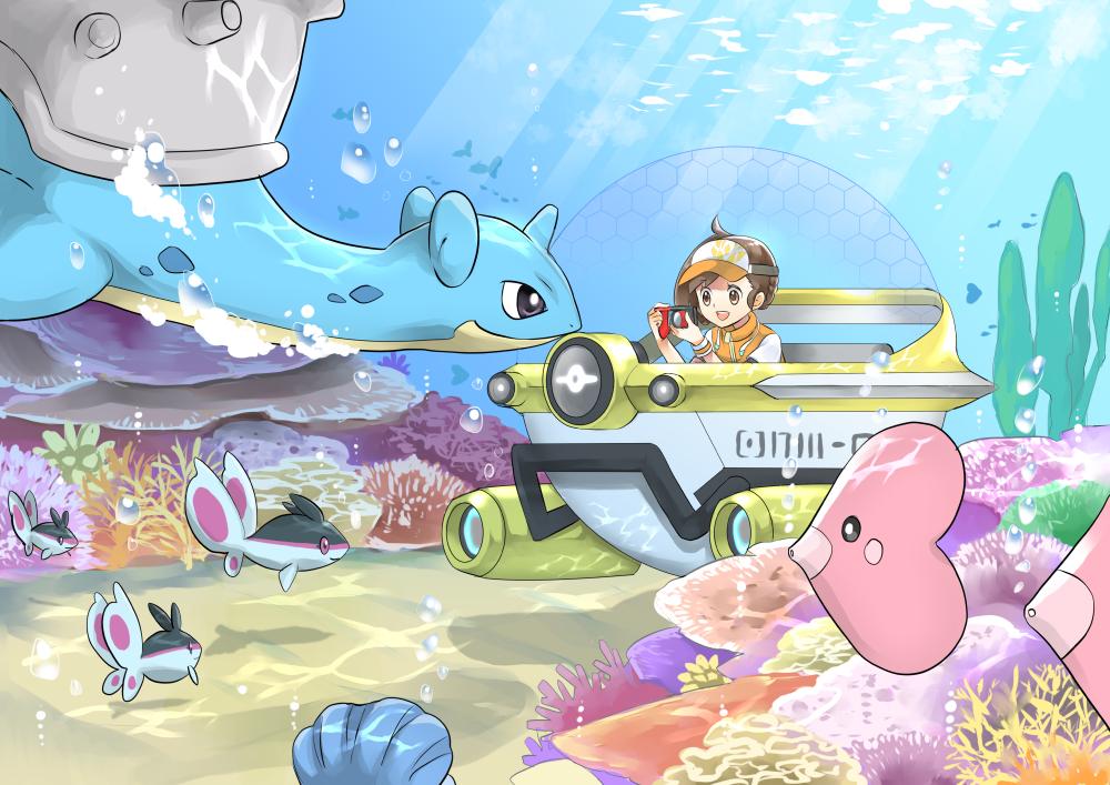 1girl, air_bubble, brown_eyes, brown_hair, bubble, camera, clamperl, commentary_request