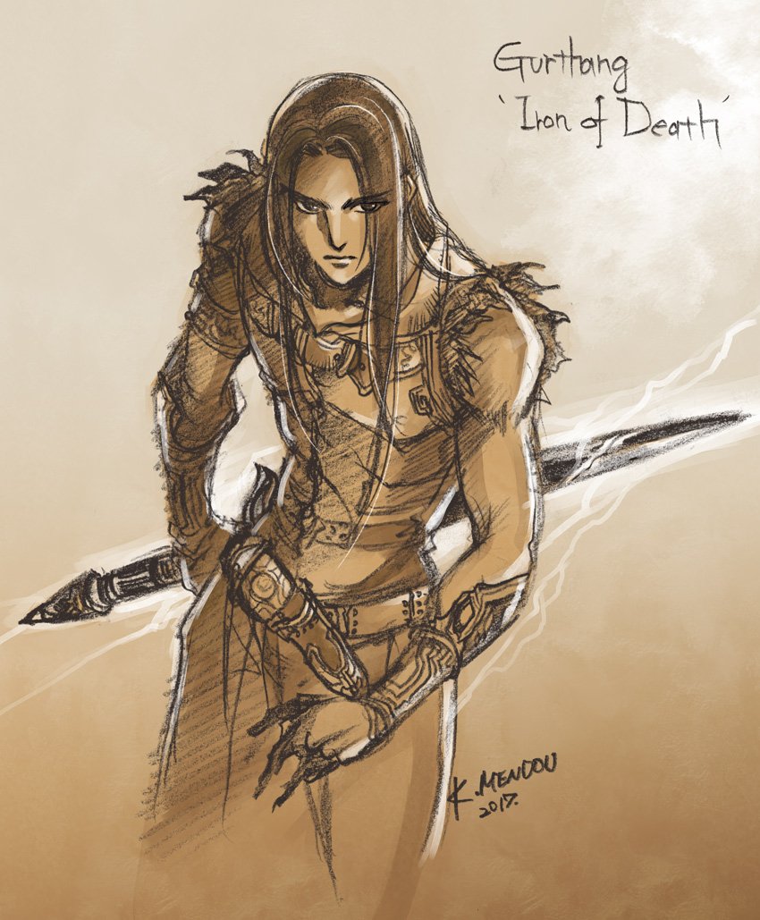 1boy, aura, belt, bracer, brown_theme, closed_mouth, dated, eyes_visible_through_hair
