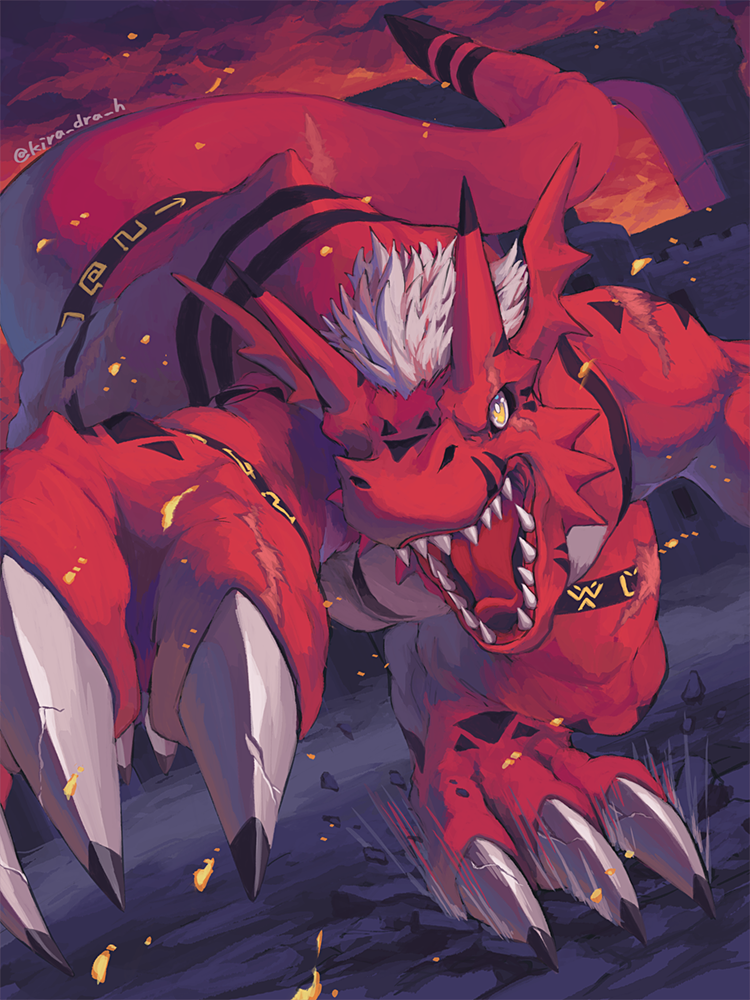claws, clouds, cloudy_sky, commentary_request, digimoji, digimon, digimon_(creature), growmon