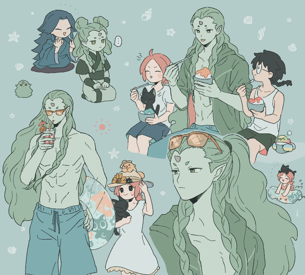 1girl, 4boys, a'gen_(the_legend_of_luoxiaohei), abs, animal_on_head, animal_on_lap, aqua_background, bidiu_(the_legend_of_luoxiaohei)