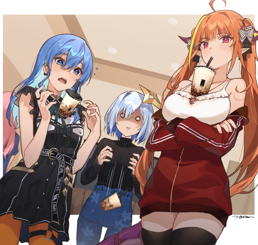 4girls, absurdres, ahoge, alternate_costume, amane_kanata, anemachi, anger_vein, belt