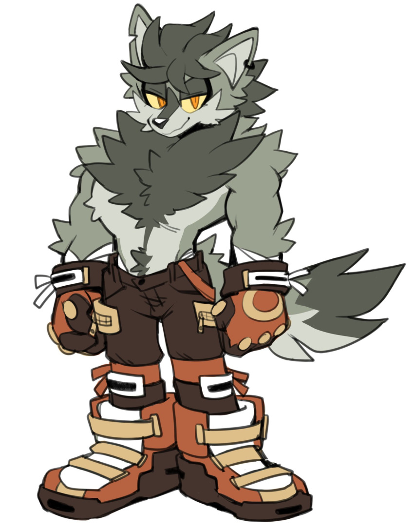 1boy, animal_ears, body_fur, boots, brown_pants, clenched_hands, colored_sclera, commentary