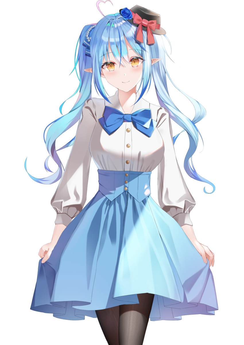 1girl, alternate_hairstyle, atora, bangs, black_headwear, black_legwear, blue_hair, blue_neckwear