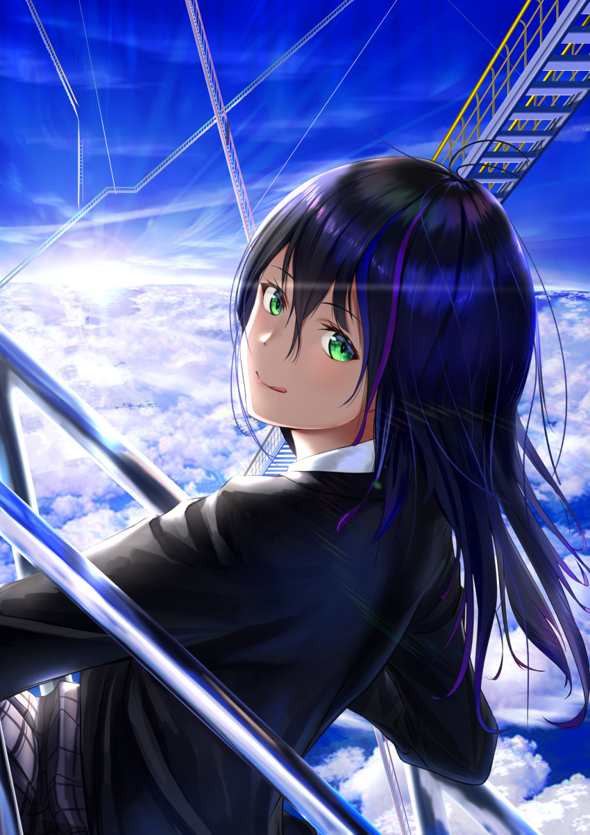 1girl, above_clouds, absurdres, bangs, black_hair, blue_sky, clouds, day