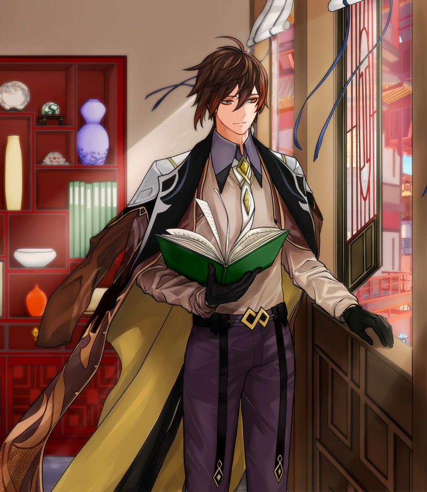 1boy, architecture, bangs, black_gloves, book, brown_hair, closed_mouth, coattails, collared_shirt, commentary_request, cupboard, day, earrings, east_asian_architecture, eyeliner, eyeshadow, genshin_impact, gloves, gradient_hair, hair_between_eyes, hand_on_window, highres, holding, holding_book, indoors, jacket, jewelry, long_hair, long_pants, long_sleeves, makeup, male_focus, multicolored_hair, necktie, open_book, orange_hair, pants, red_eyeshadow, shelf, shirt, single_earring, smile, solo, tassel, tassel_earrings, tui, vase, window, yellow_eyes, zhongli_(genshin_impact)