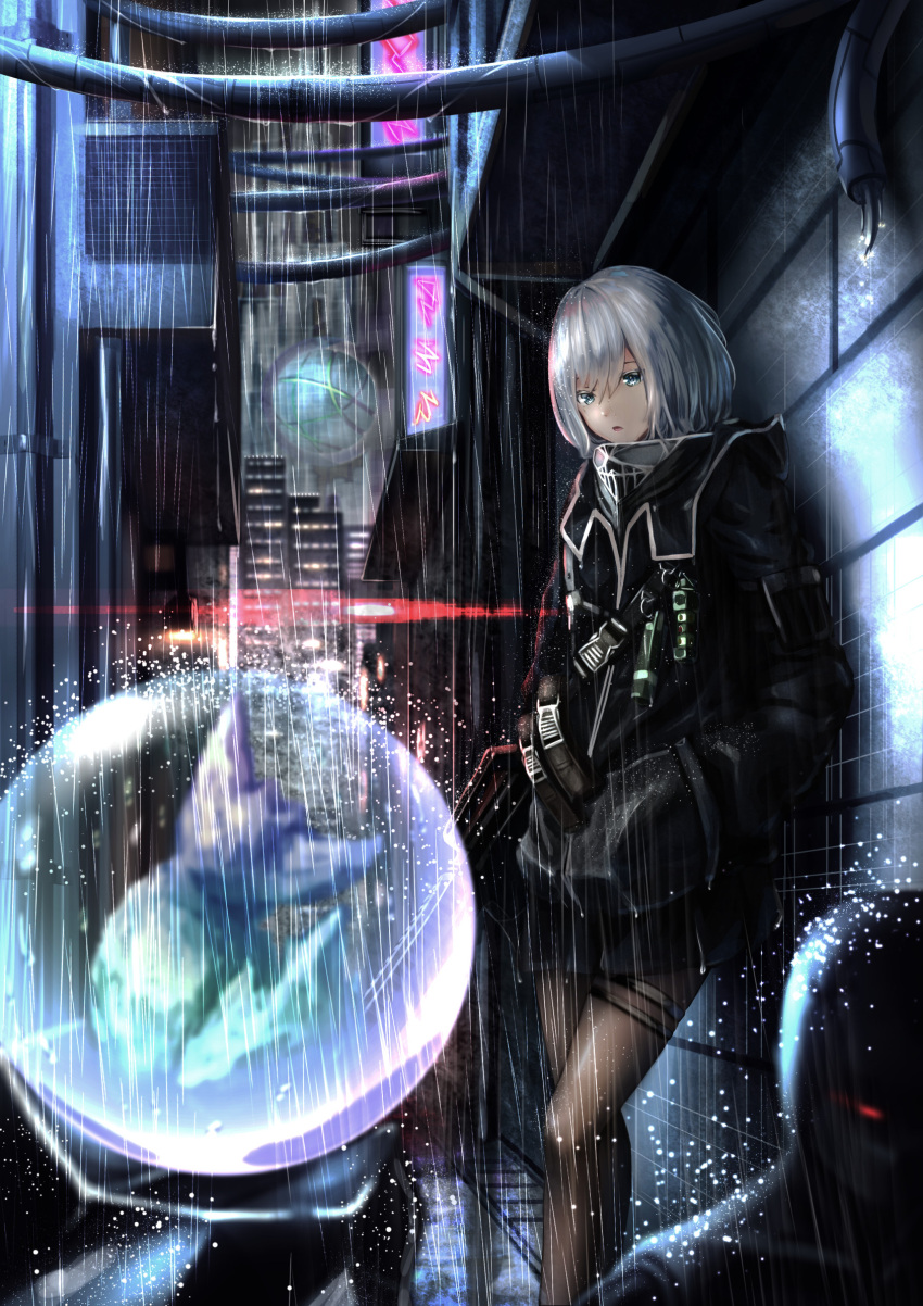 1girl, 1other, bangs, black_jacket, black_legwear, blue_eyes, building, cable
