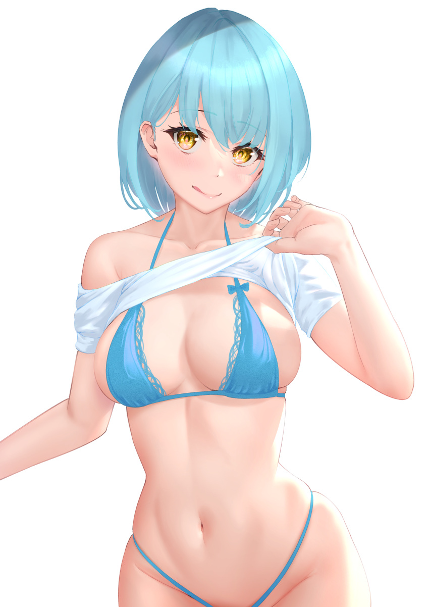 1girl, absurdres, aqua_hair, bangs, bikini, blue_bikini, blue_shirt, bow, bra, breasts, cowboy_shot, eyebrows_visible_through_hair, hand_up, highres, large_breasts, licking_lips, lingerie, looking_at_viewer, medium_hair, navel, off_shoulder, original, panties, rakuraku_dou, shirt, shirt_lift, simple_background, skindentation, smile, solo, string_panties, swimsuit, tongue, tongue_out, underwear, white_background, yellow_eyes