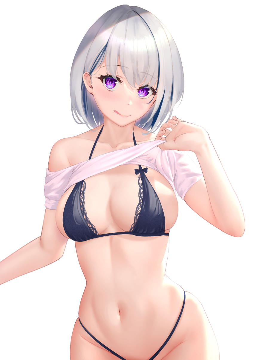 1girl, absurdres, bangs, bikini, black_bikini, bow, bra, breasts