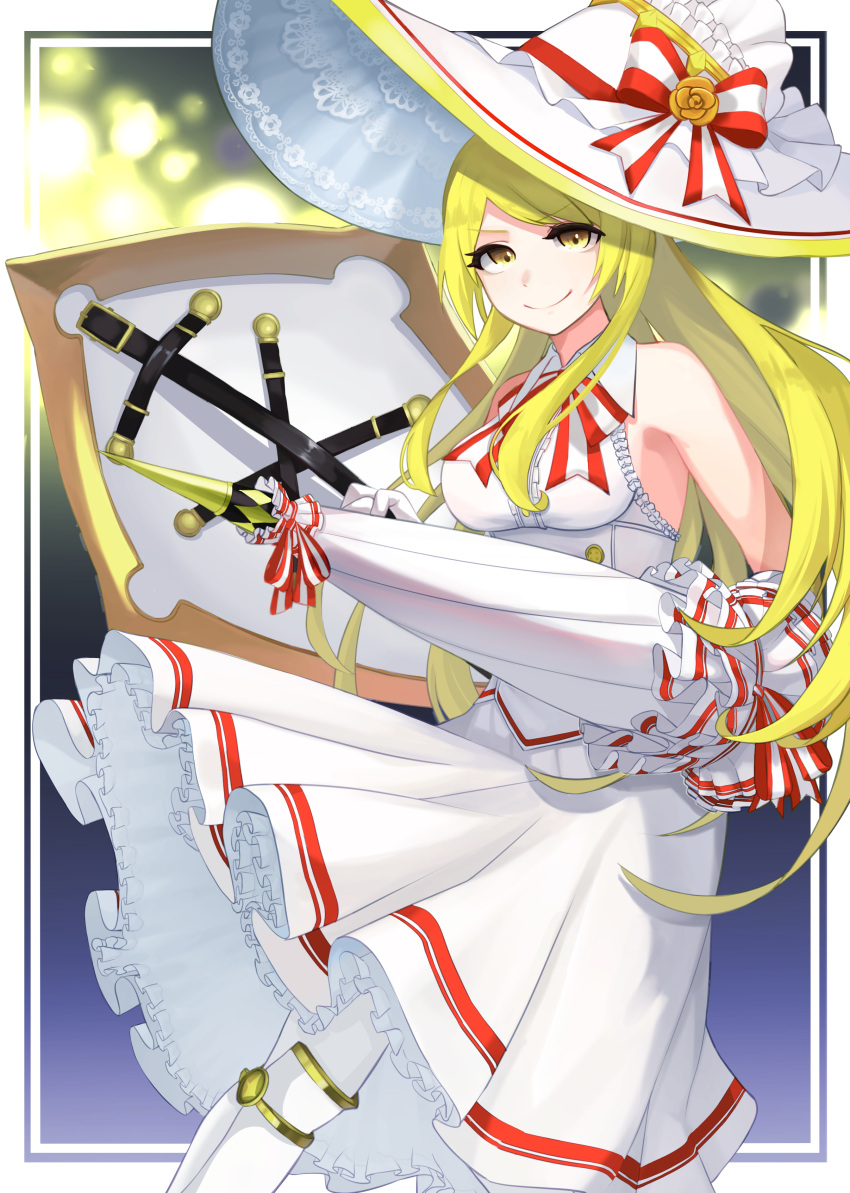 1girl, absurdres, blonde_hair, detached_sleeves, dress, eyebrows_visible_through_hair, feet_out_of_frame, gloves, guardian_tales, hat, highres, holding, holding_weapon, knight_lady_lapice, long_hair, looking_at_viewer, piu47, red_ribbon, ribbon, shield, smile, solo, umbrella, weapon, white_dress, white_gloves, white_legwear, white_umbrella, yellow_eyes