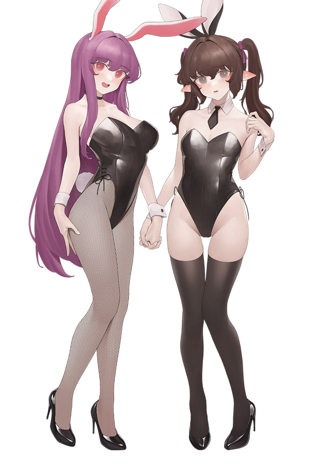 2girls, animal_ears, bangs, black_footwear, black_legwear, black_neckwear, blush, breasts