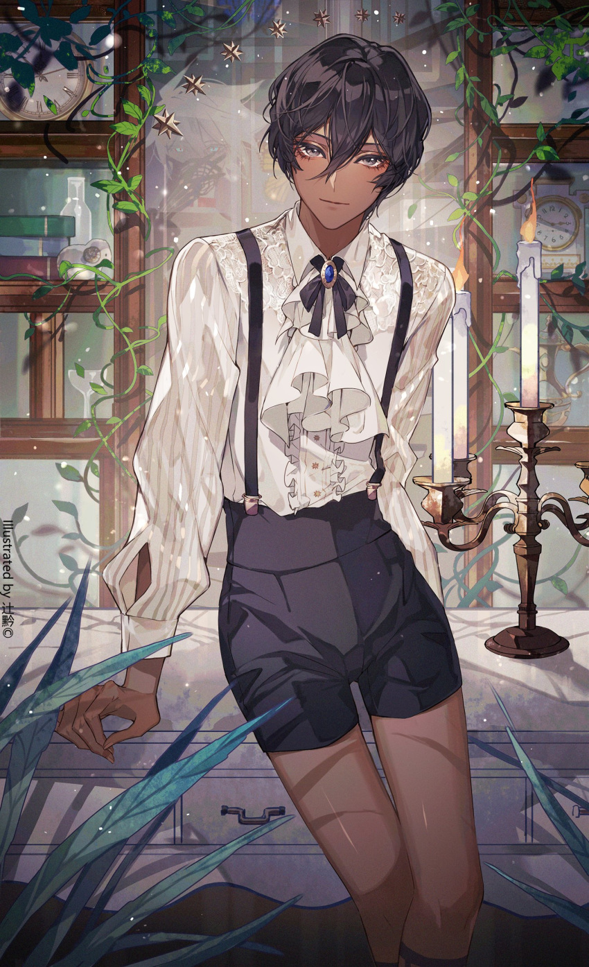 1boy, absurdres, black_hair, black_shorts, brown_eyes, candle, clock, collared_shirt