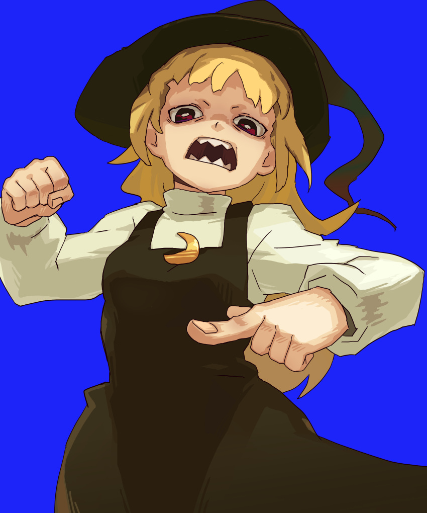 1boy, absurdres, bangs, black_dress, black_headwear, blonde_hair, blue_background, bright_pupils