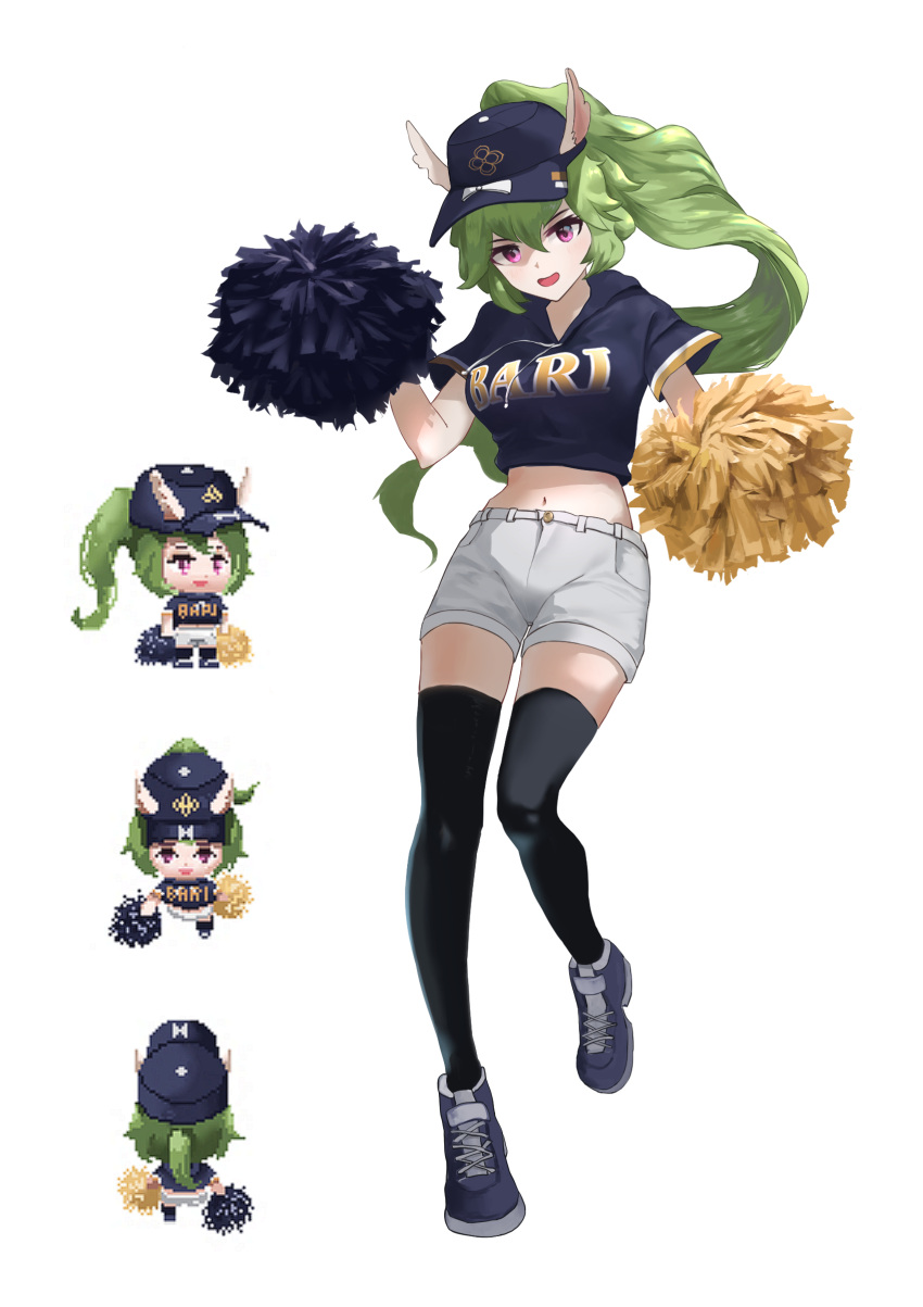 absurdres, alpaca_ears, alternate_costume, animal_ears, baseball_cap, black_legwear, cheerleader, concept_art, frs, green_hair, guardian_tales, hand_up, hat, highres, long_hair, mayreel_(guardian_tales), navel, open_mouth, pink_eyes, pixel_art, pom_poms, ponytail, shoes, shorts, sneakers, white_background