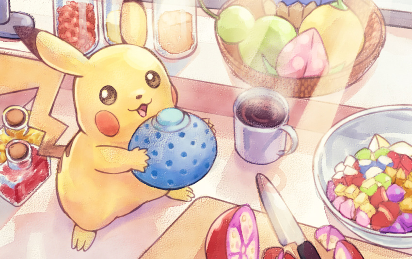:3, :d, berry_(pokemon), bottle, bowl, coffee_mug, commentary, crimson_(cxrss377)