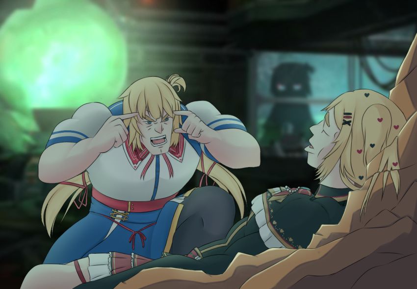 2girls, akai_haato, bangs, blonde_hair, blue_eyes, closed_eyes, dark, dual_persona