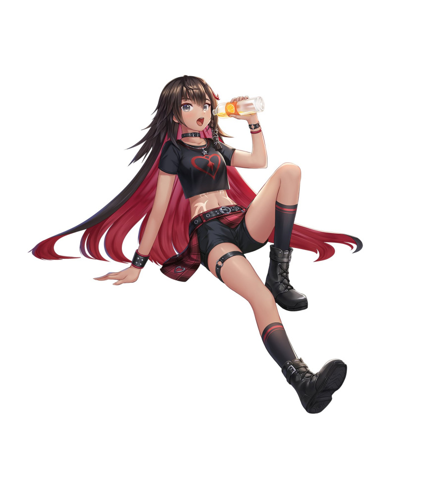 1girl, :o, black_choker, black_eyes, black_footwear, black_hair, black_legwear, black_shirt, black_shorts, boots, bottle, choker, crop_top, dark_skin, full_body, highres, holding, jewelry, king's_raid, knee_up, kneehighs, long_hair, looking_at_viewer, midriff, multicolored_hair, navel, necklace, nia_(king's_raid), official_art, open_mouth, redhead, shirt, short_shorts, short_sleeves, shorts, simple_background, sitting, solo, stomach_tattoo, tattoo, thigh_strap, thighs, two-tone_hair, very_long_hair, white_background, wristband