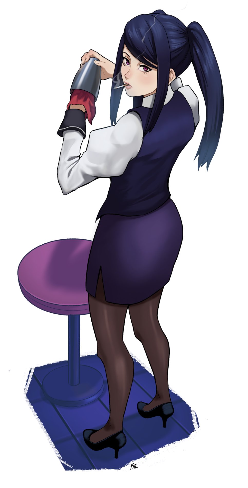 1girl, bar_stool, black_footwear, blue_hair, blue_skirt, blue_vest, cigarette, cocktail_shaker