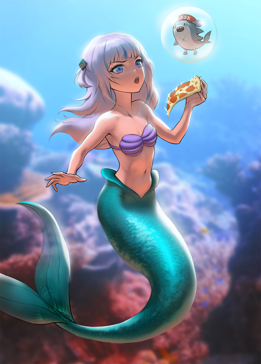 1girl, air_bubble, ariel_(disney), ariel_(disney)_(cosplay), bloop_(gawr_gura), bubble, commentary, coral