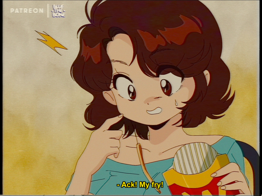 1girl, blue_shirt, bluethebone, bluethebone_(character), brown_eyes, brown_hair, english_text, eyebrows_visible_through_hair