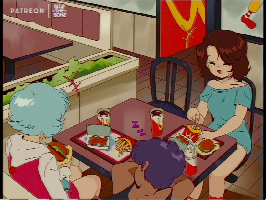 3girls, :d, artist_name, blue_hair, blue_shirt, bluethebone, bluethebone_(character), borrowed_character
