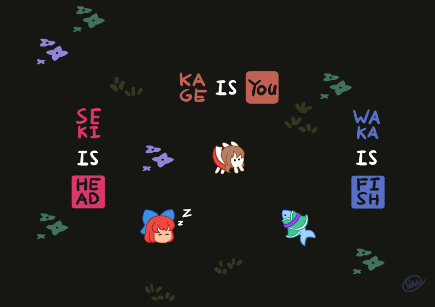 3girls, absurdres, baba_is_you, bangs, black_background, blue_bow, blue_flower, bow