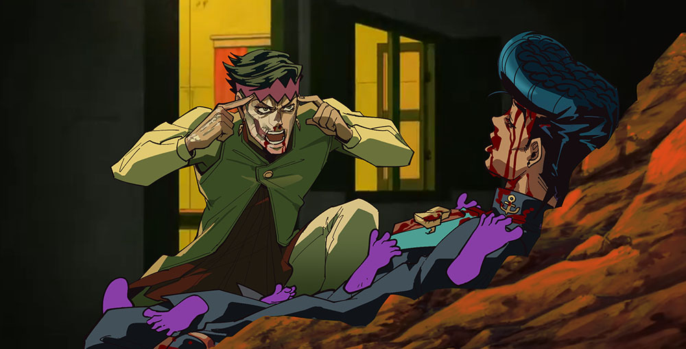 2boys, black_hair, bleeding, blood, blood_from_mouth, bone, closed_eyes, coat