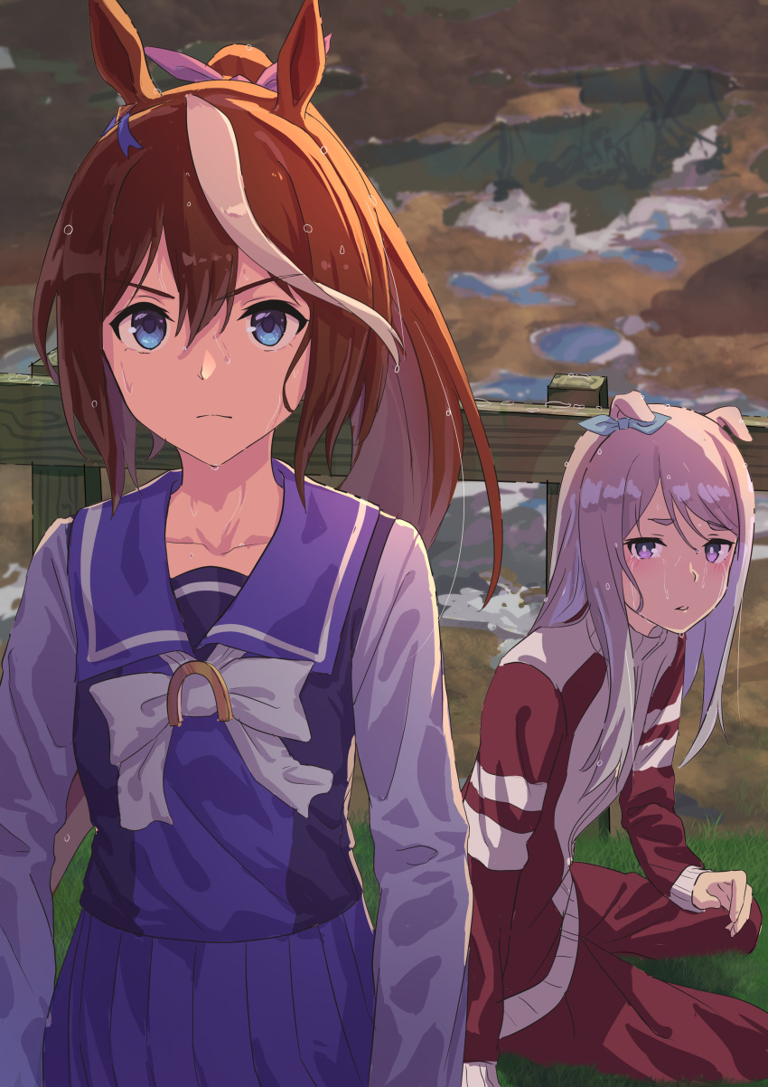 2girls, absurdres, animal_ears, bangs, blue_eyes, blue_ribbon, blue_shirt, blue_skirt, bow, brown_hair, brown_jacket, brown_pants, closed_mouth, day, ear_ribbon, eyebrows_visible_through_hair, fence, hair_between_eyes, hair_ribbon, highres, horse_ears, jacket, kai_(kaikaiseisei999), long_hair, long_sleeves, mejiro_mcqueen_(umamusume), multicolored_hair, multiple_girls, outdoors, pants, parted_lips, pink_ribbon, pleated_skirt, ponytail, puddle, purple_hair, reflection, ribbon, school_uniform, shirt, skirt, streaked_hair, sweat, tokai_teio_(umamusume), tracen_school_uniform, track_jacket, track_pants, track_suit, umamusume, v-shaped_eyebrows, very_long_hair, violet_eyes, wet, wet_hair, white_bow, white_hair