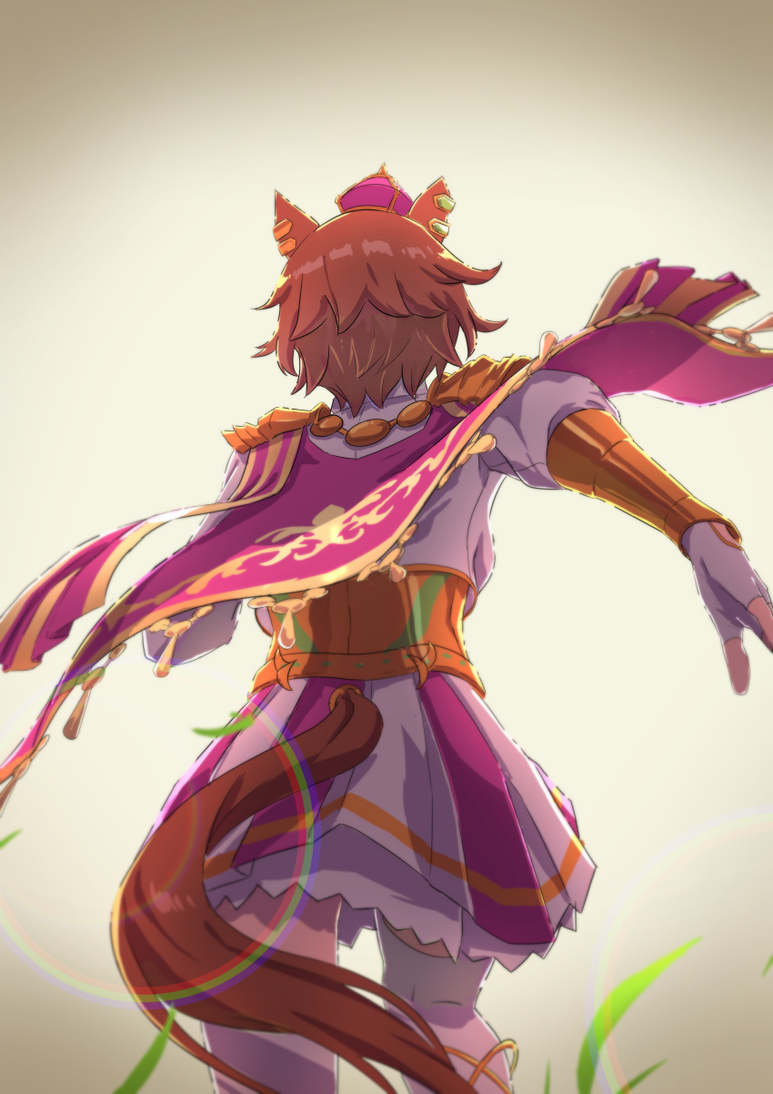 1girl, absurdres, animal_ears, brown_hair, character_request, facing_away, feet_out_of_frame, fingerless_gloves