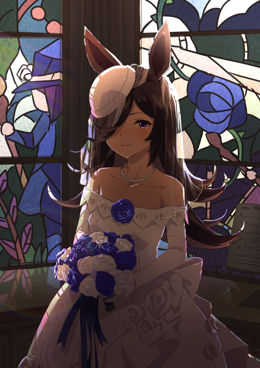 1girl, absurdres, animal_ears, bare_shoulders, blue_flower, blue_rose, blush, bouquet
