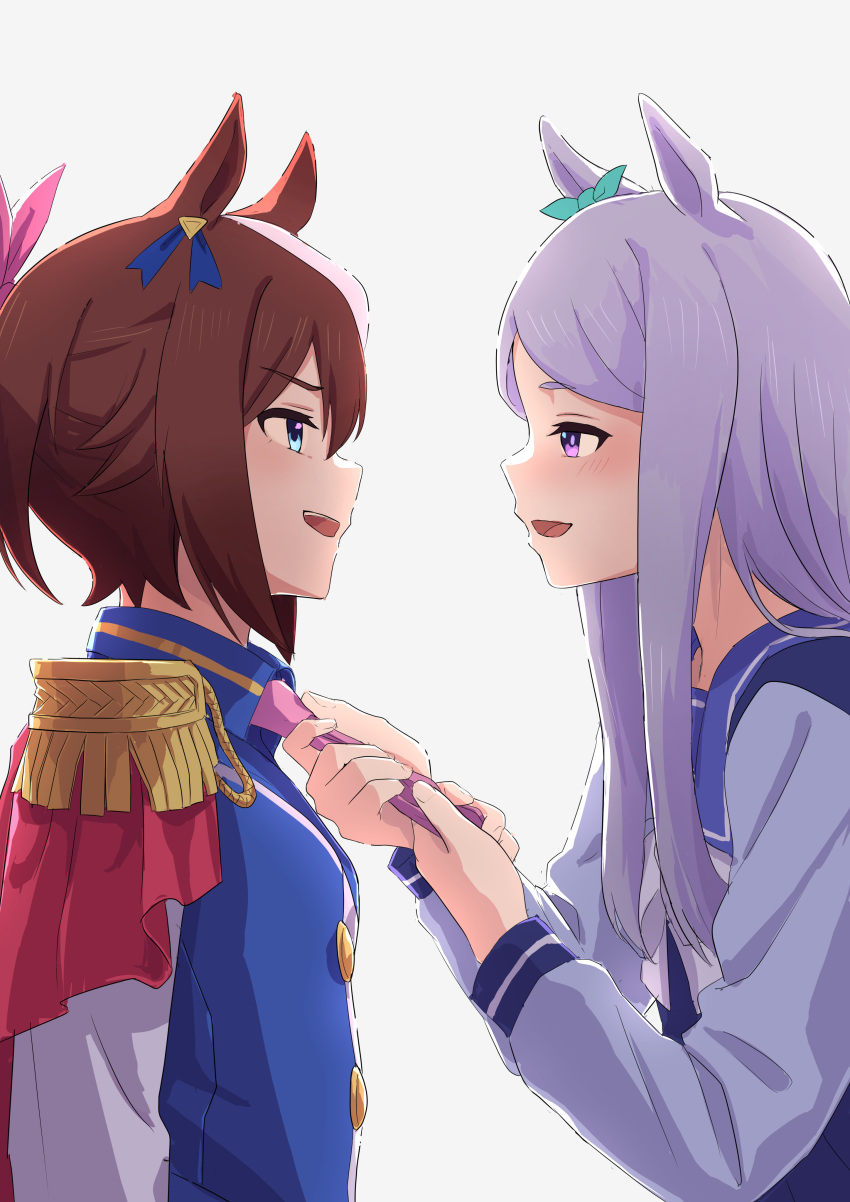 2girls, absurdres, animal_ears, ascot, bangs, blue_eyes, blue_jacket, bow