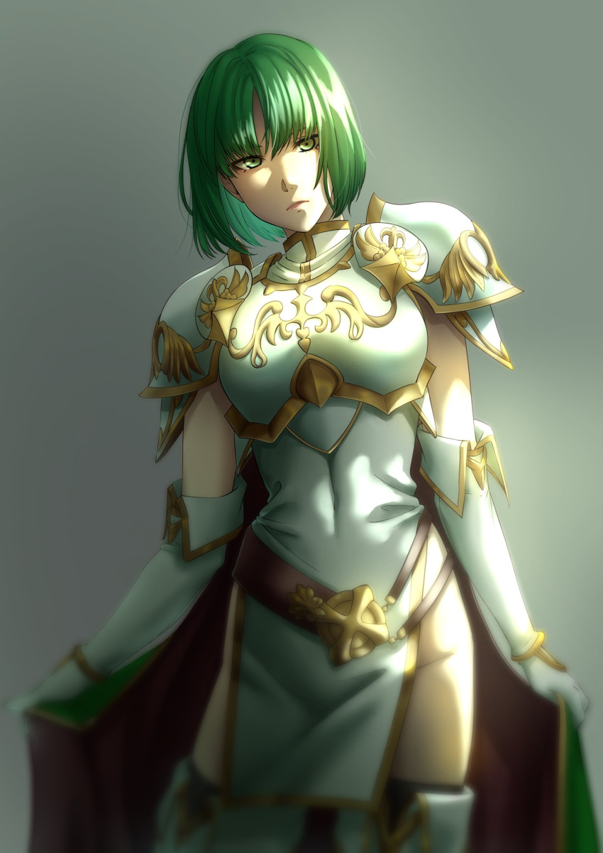 1girl, aduti_momoyama, armor, blurry, bob_cut, boots, breastplate, cape, covered_navel, depth_of_field, dithorba_(fire_emblem), dress, expressionless, fire_emblem, fire_emblem:_genealogy_of_the_holy_war, fire_emblem_heroes, gold_trim, green_cape, green_eyes, green_hair, grey_background, groin, highres, looking_at_viewer, pegasus_knight, short_dress, shoulder_armor, simple_background, solo, thigh-highs, thigh_boots, turtleneck, white_armor, white_dress, white_footwear