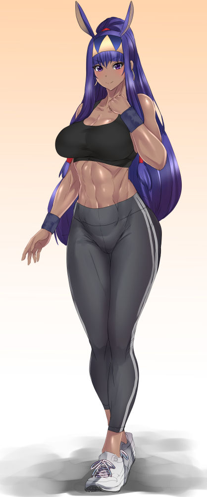1girl, abs, alternate_costume, animal_ears, black_tank_top, blush, breasts, dark_skin