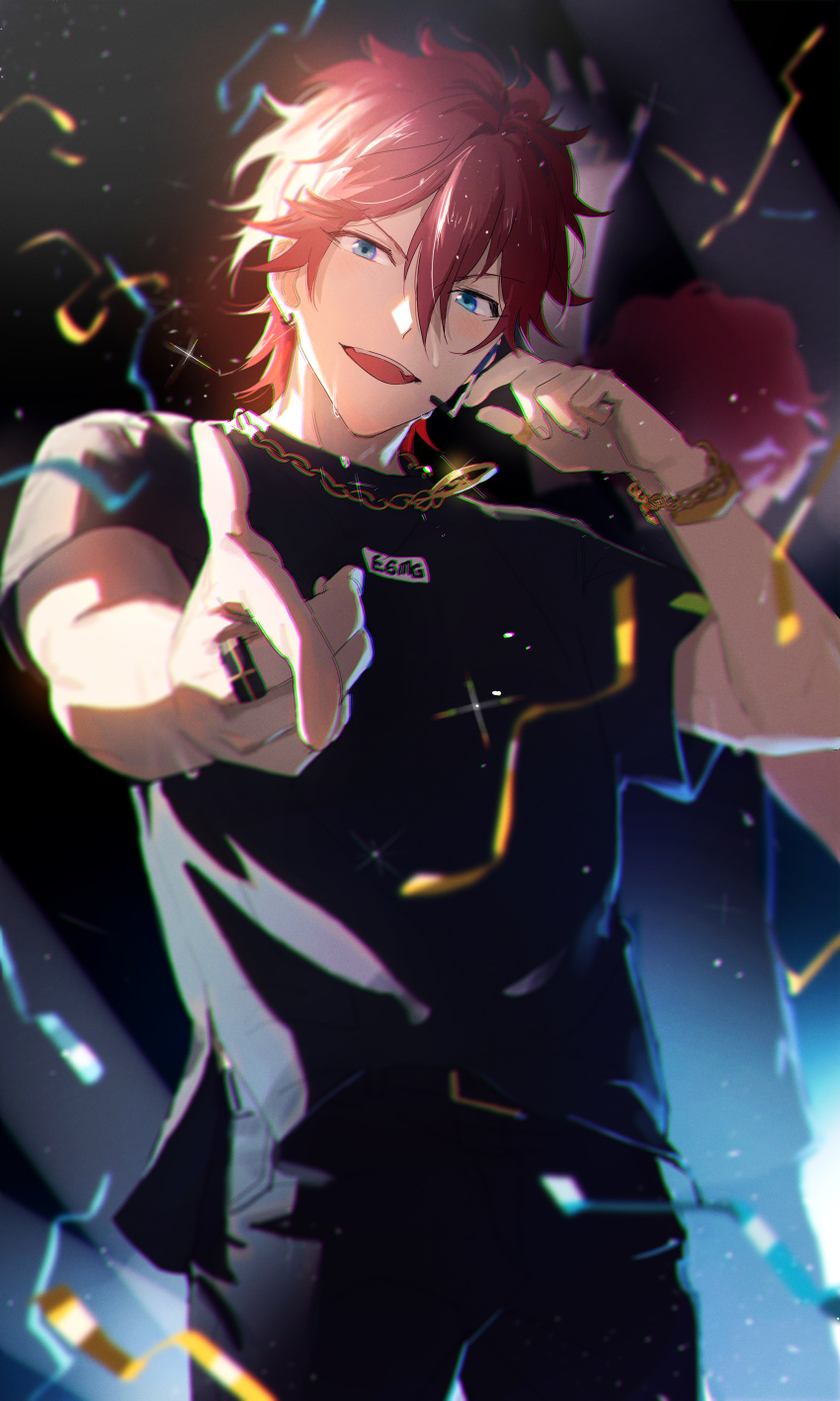 1boy, absurdres, amagi_rinne, bangs, black_pants, black_shirt, blue_eyes, blurry