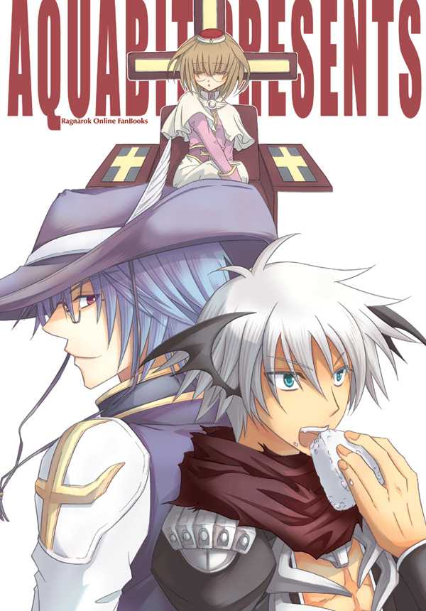 1girl, 2boys, acolyte_(ragnarok_online), armor, assassin_cross_(ragnarok_online), biretta, black_coat, black_shirt, black_wings, blue_hair, brown_hair, brown_shirt, capelet, closed_eyes, closed_mouth, coat, comiket_77, commentary_request, cover, cover_page, cross, demon_wings, doujin_cover, eating, english_text, feathers, food, glasses, green_eyes, hat, head_wings, high_priest_(ragnarok_online), holding, holding_food, layered_clothing, long_sleeves, looking_to_the_side, multiple_boys, onigiri, open_clothes, open_mouth, open_shirt, pauldrons, purple_headwear, ragnarok_online, red_eyes, red_scarf, rice, round_eyewear, scarf, semi-rimless_eyewear, shiiiya, shirt, short_hair, shoulder_armor, skirt, smile, torn_scarf, under-rim_eyewear, upper_body, white_background, white_capelet, white_coat, white_hair, white_skirt, wings