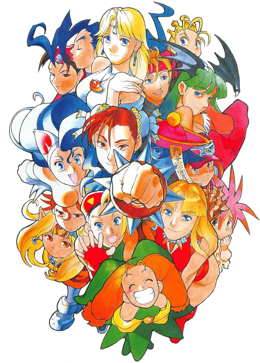 1990s_(style), 6+girls, animal_ears, anita_(vampire), arrow_(projectile), bangs, bat_wings, bengus, beret, blonde_hair, blue_eyes, blue_hair, blue_skin, bracelet, brown_eyes, brown_hair, bun_cover, cammy_white, capcom, cat_ears, child, chun-li, circlet, clenched_hand, closed_eyes, colored_skin, cyberbots, devilot_de_deathsatan_ix, double_bun, earrings, eyebrows_visible_through_hair, fangs, felicia_(vampire), fingerless_gloves, gloves, goggles, goggles_on_headwear, green_hair, grin, hat, head_wings, highres, jewelry, jiangshi, lei_lei, long_hair, mao_(cyberbots), mary_miyabi, morrigan_aensland, multiple_girls, official_art, ofuda, open_mouth, orange_hair, outstretched_arm, pink_hair, pointy_ears, quiver, red_gloves, redhead, retro_artstyle, rose_(street_fighter), scan, short_hair, smile, spiked_bracelet, spikes, street_fighter, tiara, vampire_(game), waving, wings